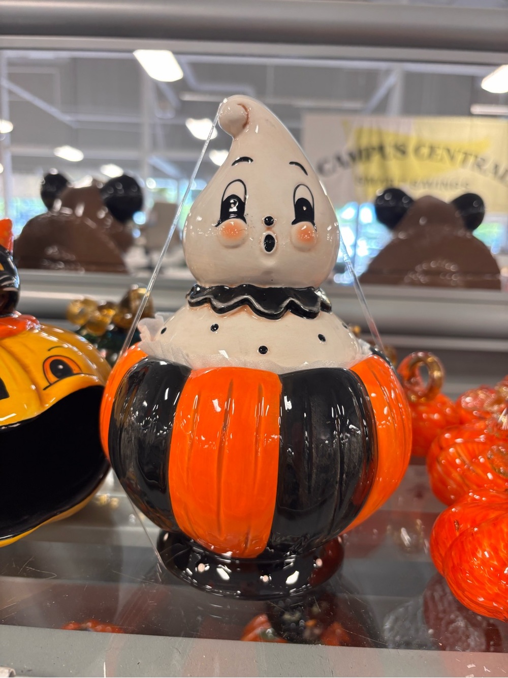 Johanna Parker Ghost in Orange & Black Pumpkin Ceramic Figurine